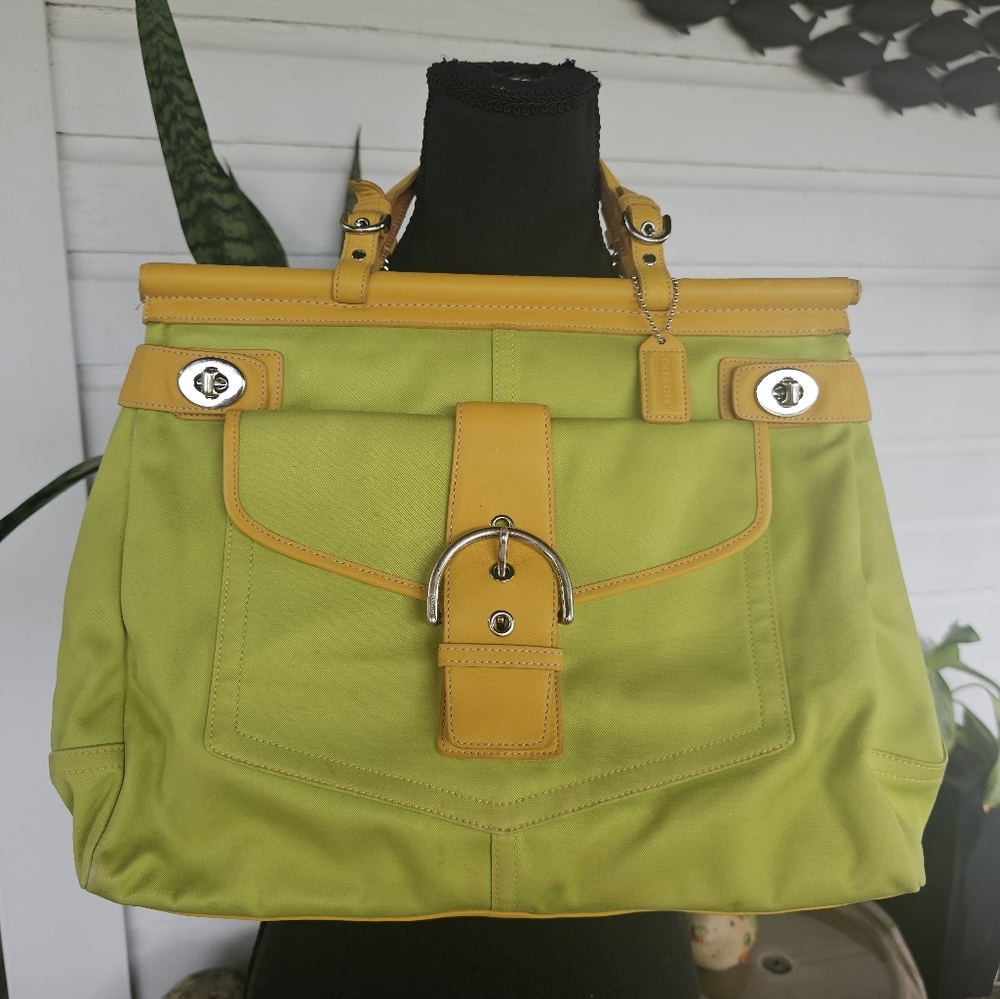 Vintage Coach Stylish Lime Green and Yellow Women's Canvas And Leather Trim Tote